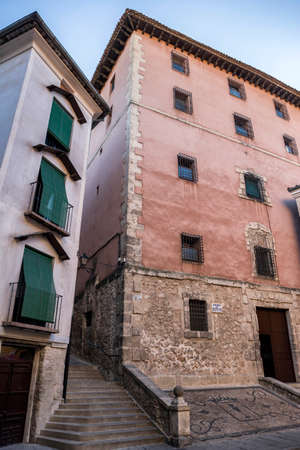 typical houses construction in the old town of the city of Cuenca, fronts painted with living colors, Cuenca, Spainのeditorial素材
