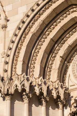 Detail of facade of the Cuenca's Cathedral, The cathedral is dedicated to St Julian, gothic english-norman style, XII centuryのeditorial素材