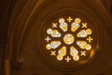 CUENCA, SPAIN - August 24, 2016: Detail of stained glass window in the interior of the Cathedral of Our Lady of Grace and Saint Julian of Cuenca. Castilla-La Mancha, Spainのeditorial素材