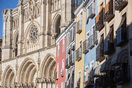 CUENCA, SPAIN - August 24, 2016: Detail of the colourful buildings and Cathedral on Plaza Mayor, Cuenca, Castilla La Mancha, Spainのeditorial素材