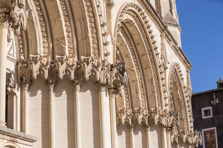 Detail of facade of the Cuenca's Cathedral, The cathedral is dedicated to St Julian, gothic english-norman style, XII century, Cuenca, Spainのeditorial素材