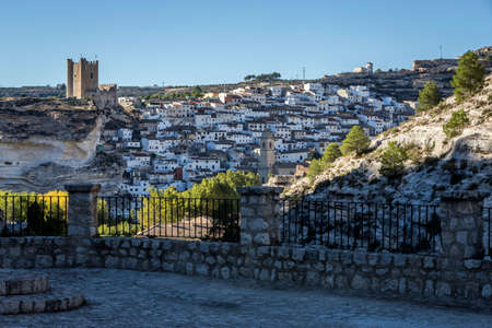 Alcala del Jucar, Spain - October 29, 2016: Panoramic view of the city, on top of limestone mountain is situated Castle of the 12TH century Almohad origin, take in Alcala of the Jucar, Albacete province, Spainのeditorial素材