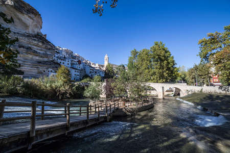 Alcala del Jucar, Spain - October 29, 2016: Recreation area on the River Jucar, beautiful mountain views limestone next to the city, take in Alcala of the Jucar, Albacete province, Spainのeditorial素材