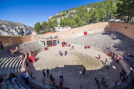 Alcala del Jucar, Spain - October 29, 2016: Ancient bullring, this square is constructed in the shape of ship and byline of the year 1902, next to the banks of the river Jucar, take in Alcala of the Jucar, Albacete province, Spainのeditorial素材