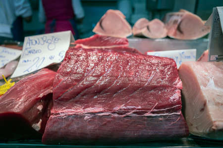 Almadraba Red Tuna piece in a market of Cadiz. Atlantic and mediterranean tuna