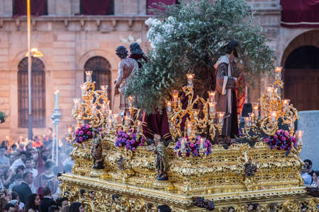 Brotherhood of Jesus corsage making station of penitence in front at the town hall, Linares, Jaen province, Andalusia, Spainの写真素材