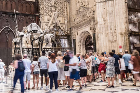 Tomb of Cristobal Colon of the Cathedral of Seville, Located in front of the door of the princes or San Cristobal, Andalusia, Spainのeditorial素材