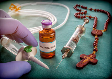 Vial with pentobarbital used for euthanasia and lethal inyecion in a hospital, conceptual image