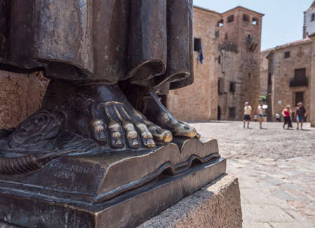 Caceres, Spain - july 13, 2018: Monument to San Pedro de Alcantara, made in 1954, located in the Plaza de Santa Maria, annexed to the church, Caceres, Spainのeditorial素材