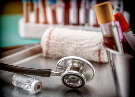 Diagnostic form, Vial of blood samples and Medicine in a hospital, conceptual imageの写真素材