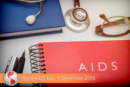 Digital composite of news flash with medical imagery, World AIDS Day 2018の写真素材