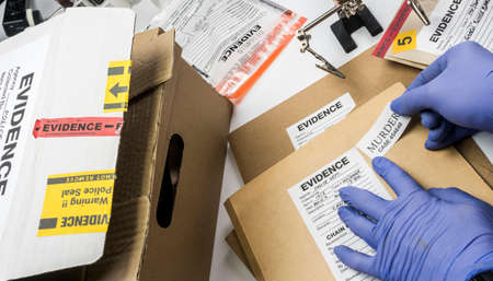 Police expert pastes sticker of murder in the laboratory scientist, conceptual image