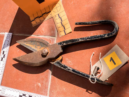 Pruning shears on the crime scene, numbering in evidence, conceptual image