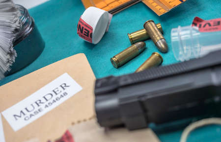 Criminalistic Laboratory, Bullet shell analysis, conceptual imageの写真素材