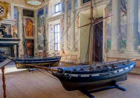 Viso del Marques, SPAIN - September 28, 2019: Models of two ships of the Spanish Navy in an archive room in the General Archive of the Navy in the palace of the Marquis of Santa Cruz is a building located in the municipality of Viso del Marques, Ciudad Reのeditorial素材