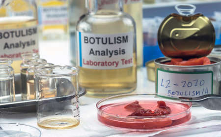 Experienced laboratory scientist analyzes red peppers from a canned food can to analyze botulism infection in sick people, conceptual imageの写真素材