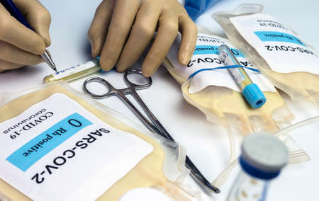 Plasma bag with antibodies from people cured of SARS-COV-2 Covid-19 prepared in a hospital,...