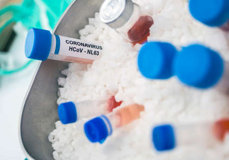 Vials with samples of SARS-COV-2 Covid-19 prepared cold in a hospital, conceptual imageの写真素材