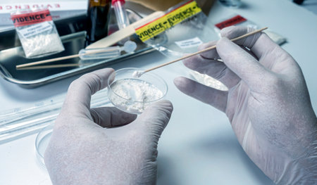 police scientist making drug test in crime lab, conceptual imageの写真素材