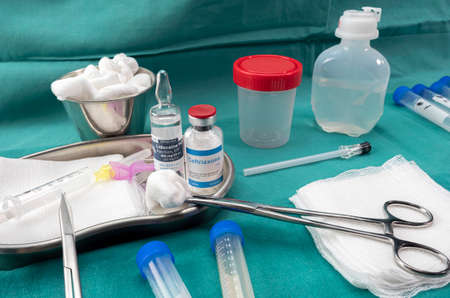 Needle for lumbar puncture together with anesthesia and antibiotic to extract cerebrospinal fluid in patients with Transverse Myelitis after being injected with an experimental Oxford covid-19 vaccine, conceptual imageの写真素材