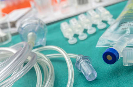 Detail of rubbers of a drip irrigation equipment in hospital operations table, conceptual image