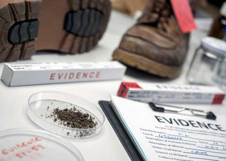 Shoe particle trace samples in crime lab, homicide investigation, concept imageの写真素材