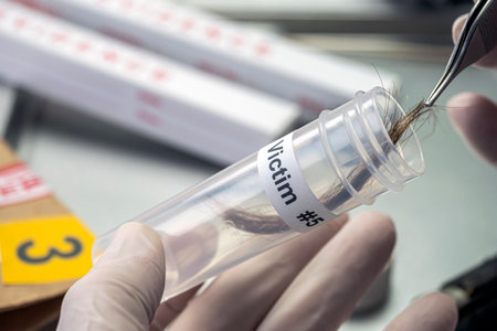 Specialized police analyzes hair of murder victim with a tweezers, conceptual imageの写真素材