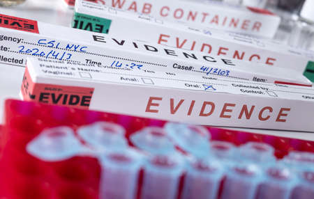 Several boxes of swab evidence sealed in crime lab, conceptual imageの写真素材