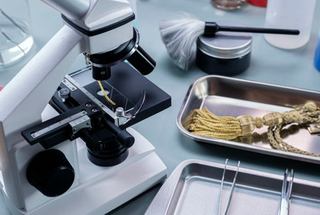 Golden cord under a microscope analysed in a crime lab, concept image