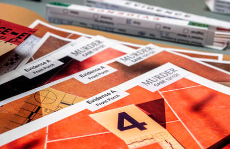 Several photos taken at the crime scene, numbered pliers, crime lab, conceptual image.