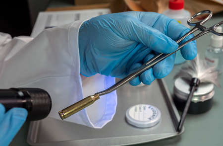 Forensic police examine bullet casing with UV torch for possible suspect's fingerprints in murder,...