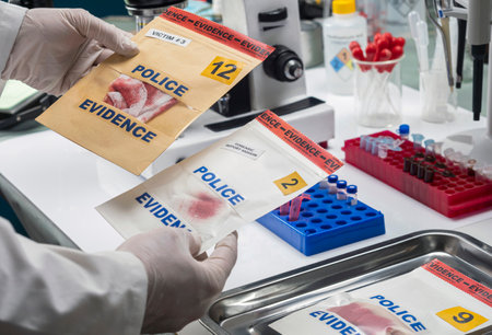 Criminalistics police write victim's details in bloodstained gauze murder, conceptual imageの写真素材