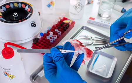 Police scientist examines bloodstained gauze from a drug overdose case, conceptual image
