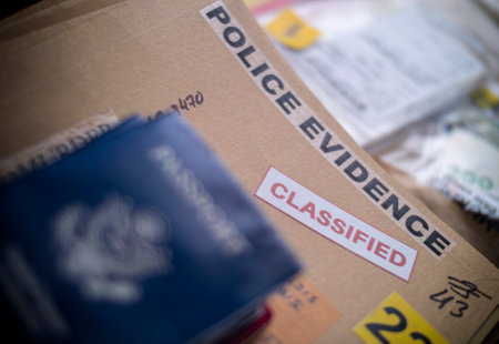 American passport of an evidence bag in laboratory of criminology, conceptual image