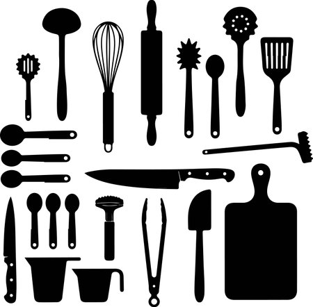kitchen tools silhouettes on a white background. vector illustration.のイラスト素材