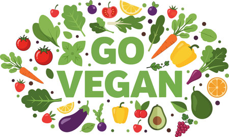 Go vegan poster with vegetables and fruits. Vegetarian food concept.のイラスト素材