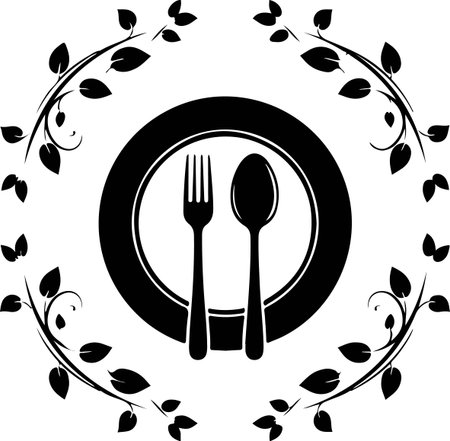 Cutlery on a plate with floral frame. Vector illustration.のイラスト素材