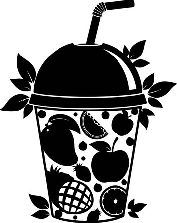 Black and white illustration of a smoothie with fruits and vegetables.のイラスト素材