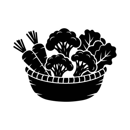 Basket with vegetables. Black and white vector illustration isolated on white background.のイラスト素材