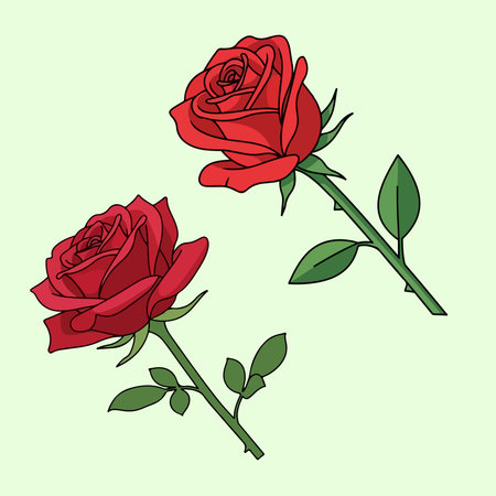 Two red roses isolated on green background. Hand drawn vector illustration.のイラスト素材