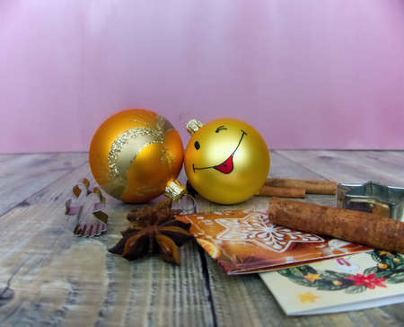 yellow christmas balls and red bowsの写真素材