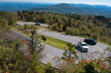 curved mountain road on blue ridge parkwayの写真素材