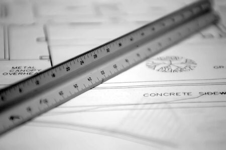 scale ruler and floor plan cad drawings for a projectの写真素材