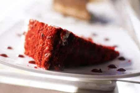 red velvet cake slice on displayの写真素材