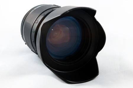 Close up of camera lens on a white backgroundの写真素材