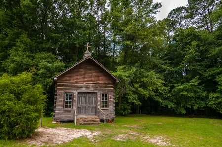 Old solid log cabin shelter hidden among green trees in the forestの写真素材
