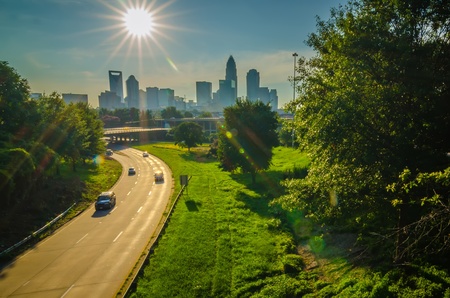 sun setting over charlotte north carolina a major metropolitan city in the southの写真素材
