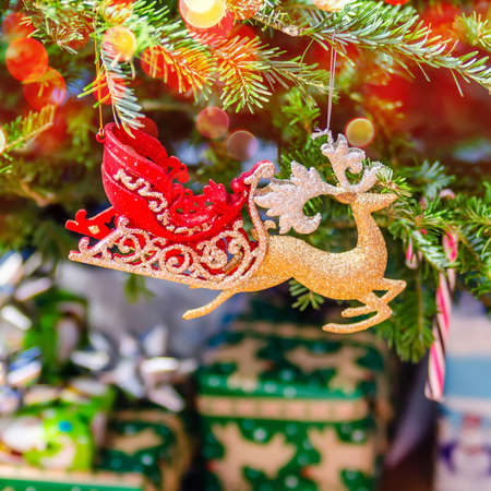 christmas tree ornaments and decorations indoorの写真素材
