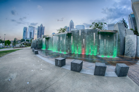 August 29, 2014, Charlotte, NC - view of Charlotte skyline at night near Romare Bearden park in the morningのeditorial素材