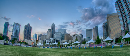 August 29, 2014, Charlotte, NC - view of Charlotte skyline at night near Romare Bearden park in the morningのeditorial素材